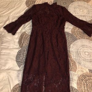 Eva mendes Maroon lace midi dress